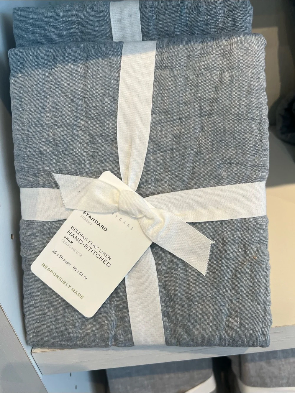 Pottery Barn Belgian Flax Linen Hand-Stitched Quilt in Light Blue with Cream Tie